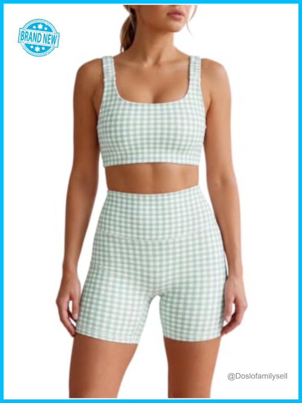 Gingham Workout Set 2 Piece Sports Bra High Waist Shorts Activewear